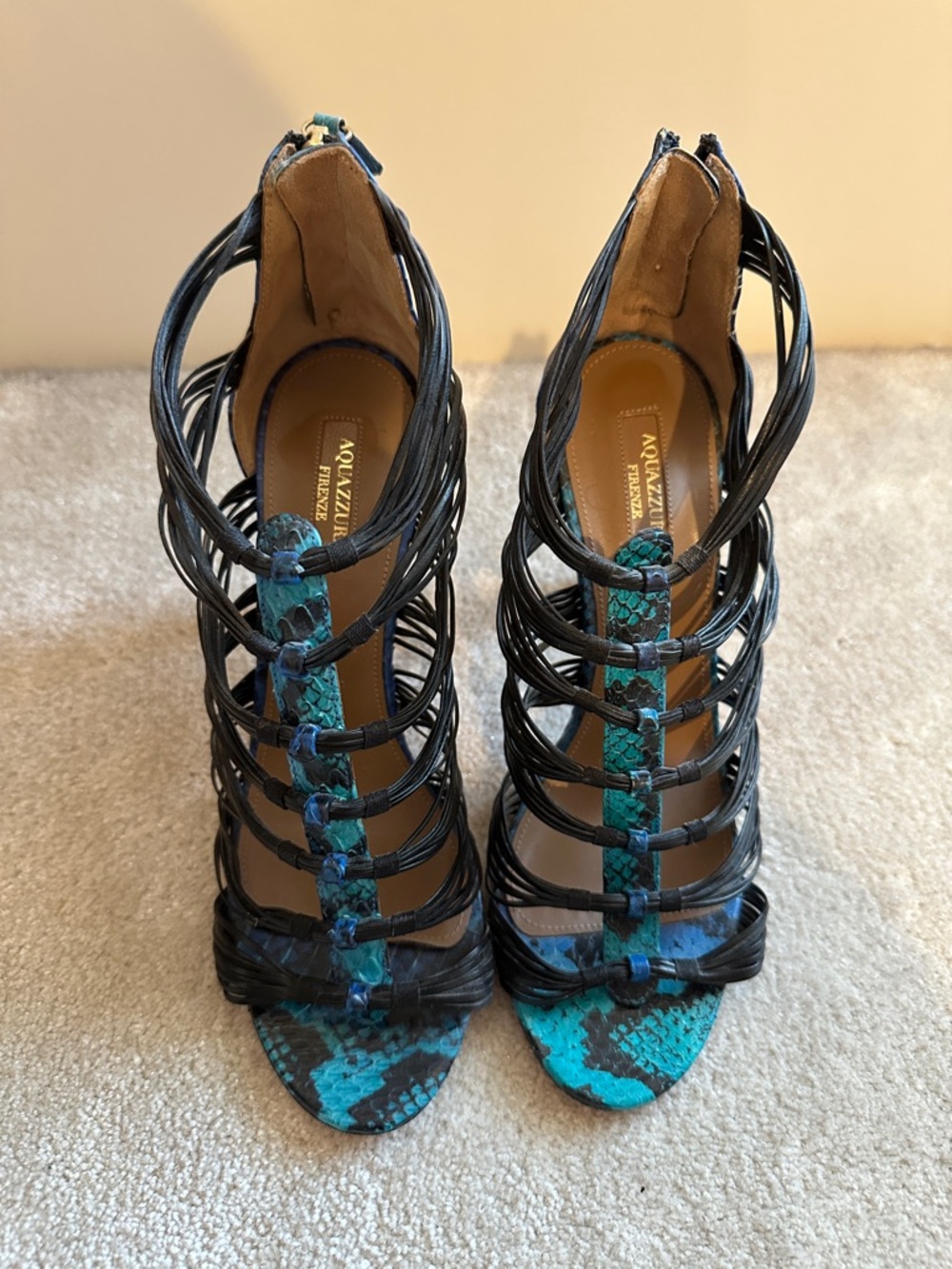 Aquazzura Black Strappy Sandals with Teal Snake-Print Accents